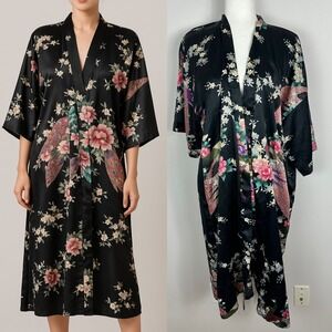 Vintage Oriental Village Silk Collection Floral Robe Midi Length Multicolor Boho